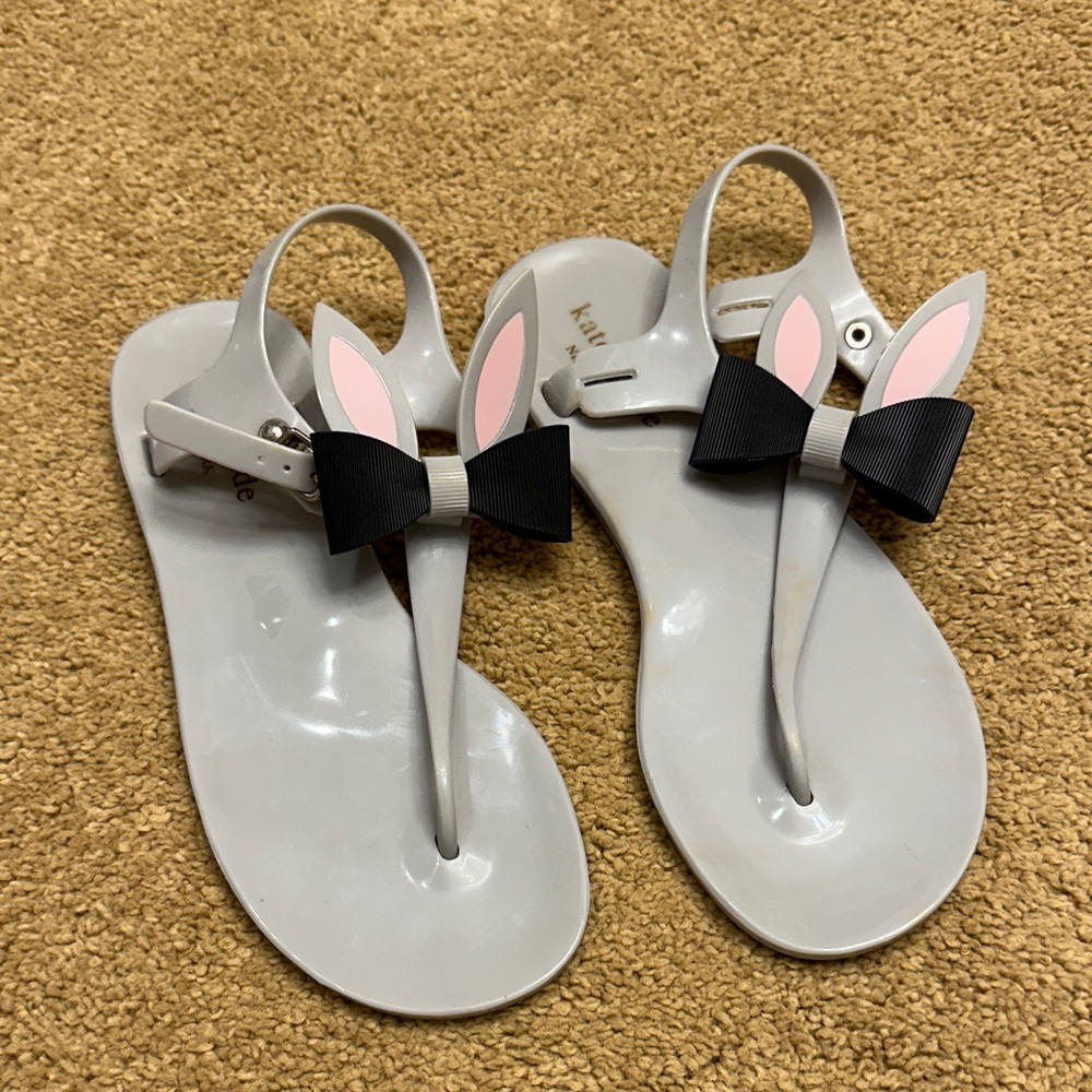 Kate Spade Gray Sandals with Black Bow and Pink Ears